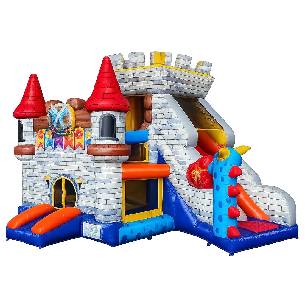 Hire a knight-themed bouncy castle with slide
