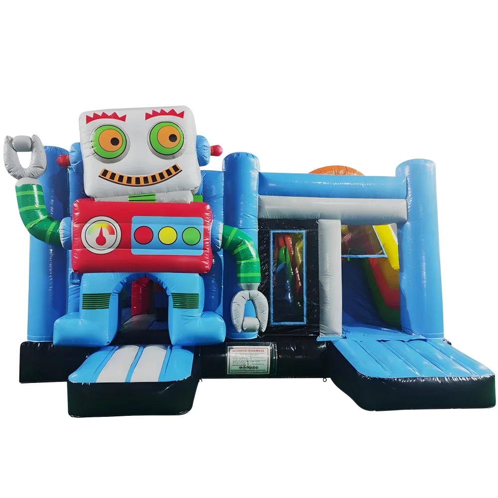 Hire a robot-themed bouncy castle with slide