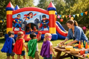 Themen-Hüpfburg für Superhelden-Party mieten